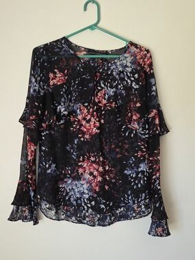 Floral Ruffle Chiffon Sheer  Blouse  Black Pink & Blue Floral Print Sz 6